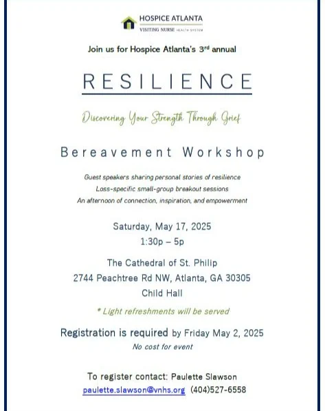 Great news! Seats still available at this year's Hospice Atlanta Resilience Grief Workshop May 17! We have an amazing line up of inspiring speakers, to help you at what ever stage you may be at on your journey of grief. Please enjoy reading here, and details to register below. #grief #support #hospiceatlanta #visitingnursehealthsystem